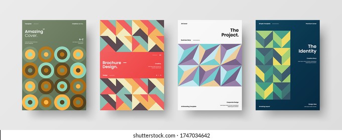 Company identity brochure template collection. Business presentation vector vertical orientation front page mock up set. Corporate report cover abstract geometric illustration design layout bundle.