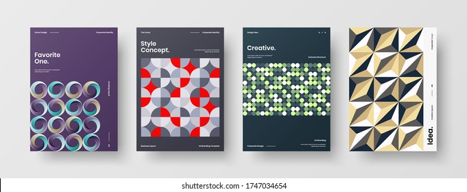 Company identity brochure template collection. Business presentation vector vertical orientation front page mock up set. Corporate report cover abstract geometric illustration design layout bundle.