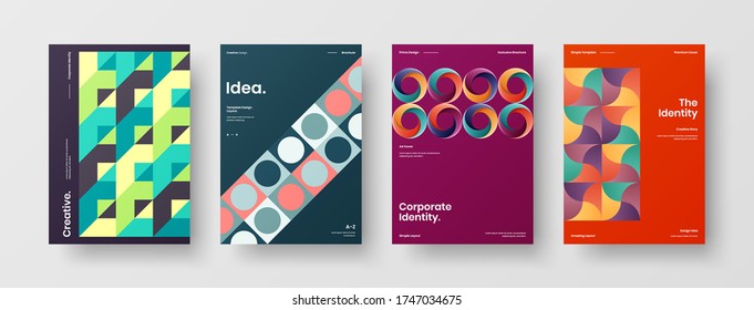 Company identity brochure template collection. Business presentation vector vertical orientation front page mock up set. Corporate report cover abstract geometric illustration design layout bundle.
