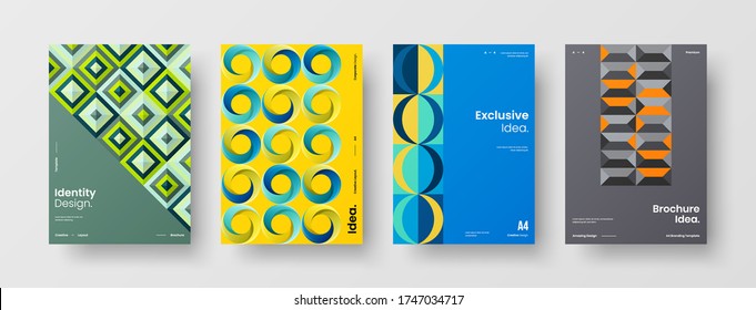 Company identity brochure template collection. Business presentation vector vertical orientation front page mock up set. Corporate report cover abstract geometric illustration design layout bundle.