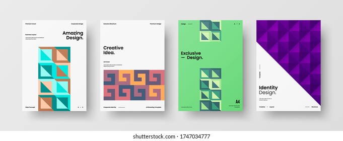 Company identity brochure template collection. Business presentation vector vertical orientation front page mock up set. Corporate report cover abstract geometric illustration design layout bundle.