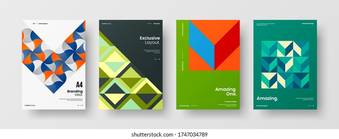 Company identity brochure template collection. Business presentation vector vertical orientation front page mock up set. Corporate report cover abstract geometric illustration design layout bundle.