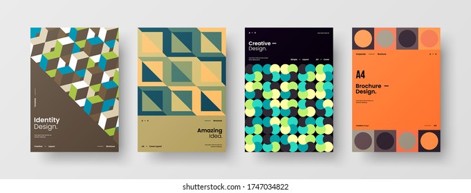 Company identity brochure template collection. Business presentation vector vertical orientation front page mock up set. Corporate report cover abstract geometric illustration design layout bundle.