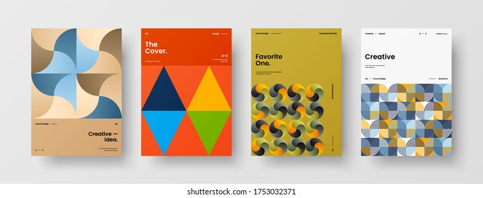 Company identity brochure template collection. Business presentation vector vertical orientation front page mock up set. Corporate report cover abstract geometric illustration design layout bundle.