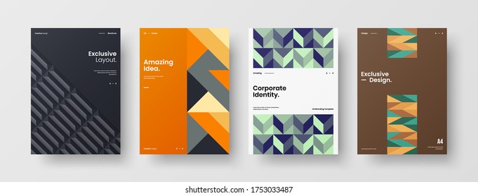 Company identity brochure template collection. Business presentation vector vertical orientation front page mock up set. Corporate report cover abstract geometric illustration design layout bundle.