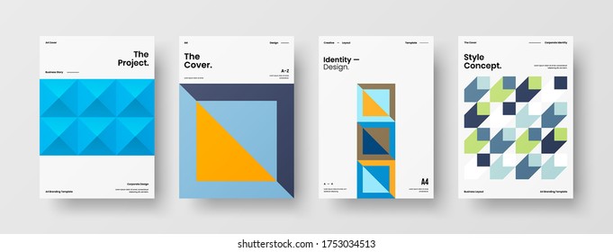 Company identity brochure template collection. Business presentation vector vertical orientation front page mock up set. Corporate report cover abstract geometric illustration design layout bundle.