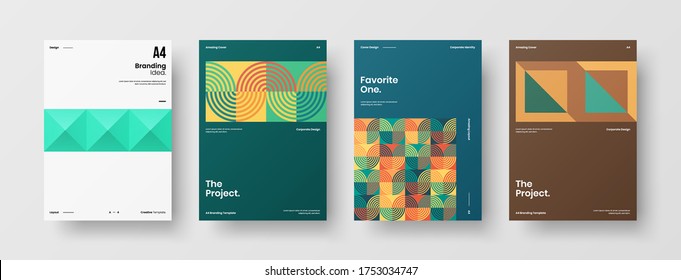 Company identity brochure template collection. Business presentation vector vertical orientation front page mock up set. Corporate report cover abstract geometric illustration design layout bundle.