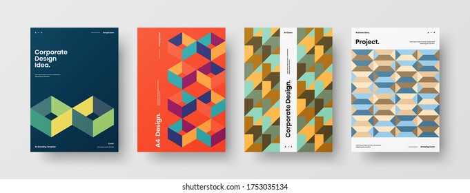 Company identity brochure template collection. Business presentation vector vertical orientation front page mock up set. Corporate report cover abstract geometric illustration design layout bundle.