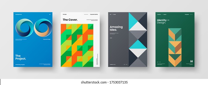 Company identity brochure template collection. Business presentation vector vertical orientation front page mock up set. Corporate report cover abstract geometric illustration design layout bundle.