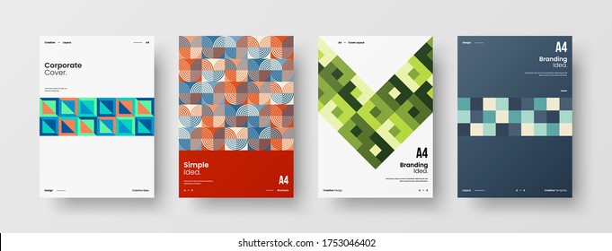 Company identity brochure template collection. Business presentation vector vertical orientation front page mock up set. Corporate report cover abstract geometric illustration design layout bundle.