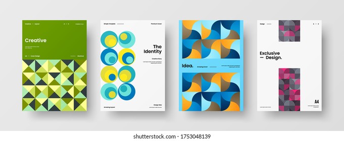 Company identity brochure template collection. Business presentation vector vertical orientation front page mock up set. Corporate report cover abstract geometric illustration design layout bundle.