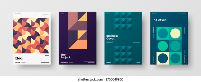 Company identity brochure template collection. Business presentation vector vertical orientation front page mock up set. Corporate report cover abstract geometric illustration design layout bundle.