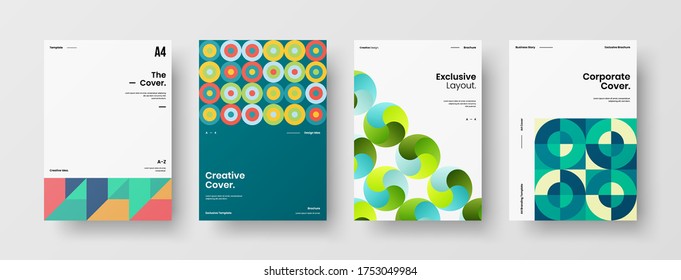 Company identity brochure template collection. Business presentation vector vertical orientation front page mock up set. Corporate report cover abstract geometric illustration design layout bundle.