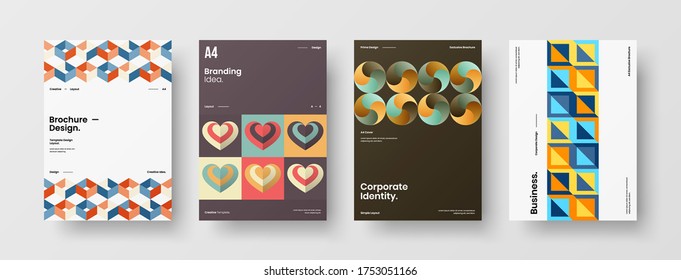 Company identity brochure template collection. Business presentation vector vertical orientation front page mock up set. Corporate report cover abstract geometric illustration design layout bundle.