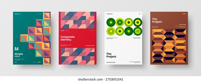 Company identity brochure template collection. Business presentation vector vertical orientation front page mock up set. Corporate report cover abstract geometric illustration design layout bundle.