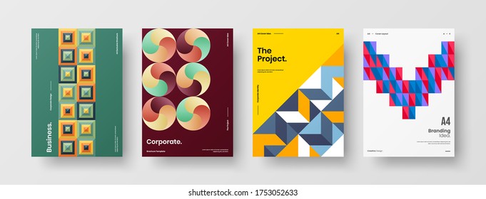 Company identity brochure template collection. Business presentation vector vertical orientation front page mock up set. Corporate report cover abstract geometric illustration design layout bundle.