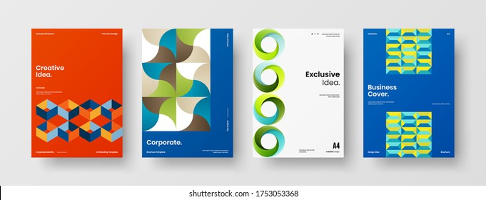 Company identity brochure template collection. Business presentation vector vertical orientation front page mock up set. Corporate report cover abstract geometric illustration design layout bundle.