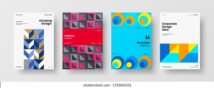 Company identity brochure template collection. Business presentation vector vertical orientation front page mock up set. Corporate report cover abstract geometric illustration design layout bundle.