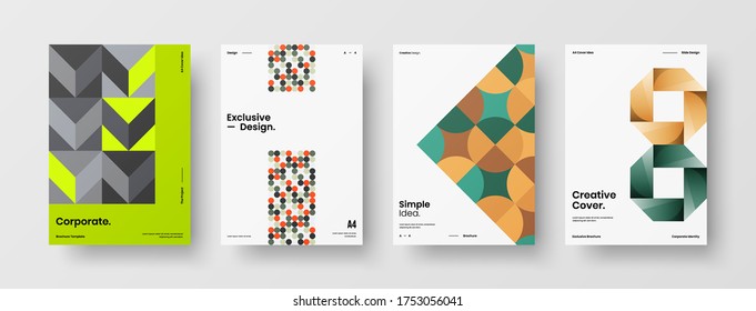 Company identity brochure template collection. Business presentation vector vertical orientation front page mock up set. Corporate report cover abstract geometric illustration design layout bundle.