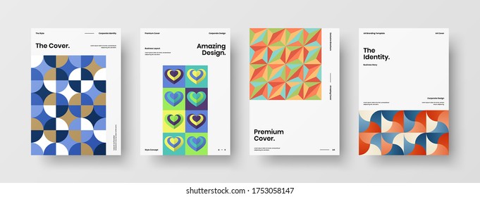 Company identity brochure template collection. Business presentation vector vertical orientation front page mock up set. Corporate report cover abstract geometric illustration design layout bundle.