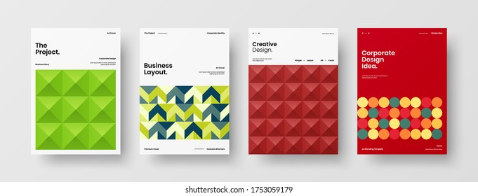 Company identity brochure template collection. Business presentation vector vertical orientation front page mock up set. Corporate report cover abstract geometric illustration design layout bundle.