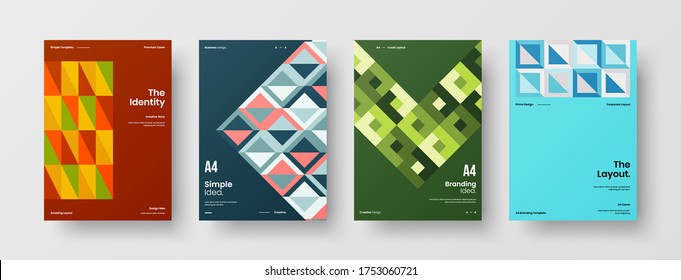 Company identity brochure template collection. Business presentation vector vertical orientation front page mock up set. Corporate report cover abstract geometric illustration design layout bundle.