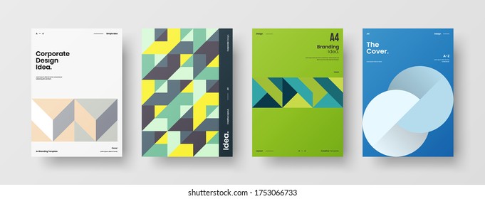 Company identity brochure template collection. Business presentation vector vertical orientation front page mock up set. Corporate report cover abstract geometric illustration design layout bundle.
