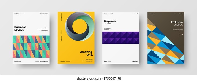 Company identity brochure template collection. Business presentation vector vertical orientation front page mock up set. Corporate report cover abstract geometric illustration design layout bundle.