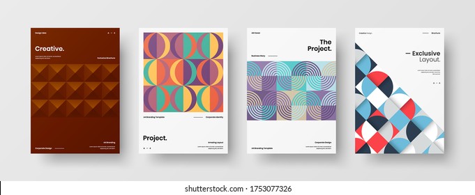 Company identity brochure template collection. Business presentation vector vertical orientation front page mock up set. Corporate report cover abstract geometric illustration design layout bundle.