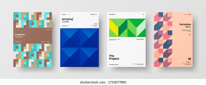 Company identity brochure template collection. Business presentation vector vertical orientation front page mock up set. Corporate report cover abstract geometric illustration design layout bundle.