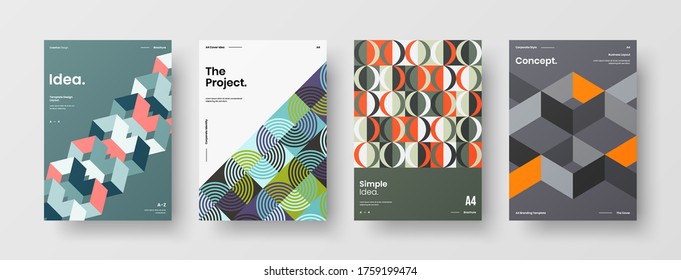 Company identity brochure template collection. Business presentation vector vertical orientation front page mock up set. Corporate report cover abstract geometric illustration design layout bundle.