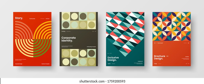 Company identity brochure template collection. Business presentation vector vertical orientation front page mock up set. Corporate report cover abstract geometric illustration design layout bundle.