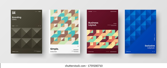 Company identity brochure template collection. Business presentation vector vertical orientation front page mock up set. Corporate report cover abstract geometric illustration design layout bundle.