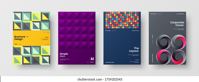 Company identity brochure template collection. Business presentation vector vertical orientation front page mock up set. Corporate report cover abstract geometric illustration design layout bundle.