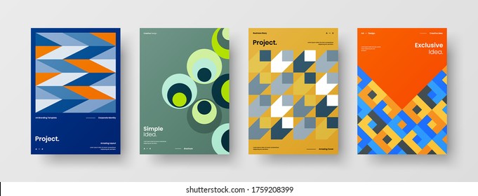 Company identity brochure template collection. Business presentation vector vertical orientation front page mock up set. Corporate report cover abstract geometric illustration design layout bundle.