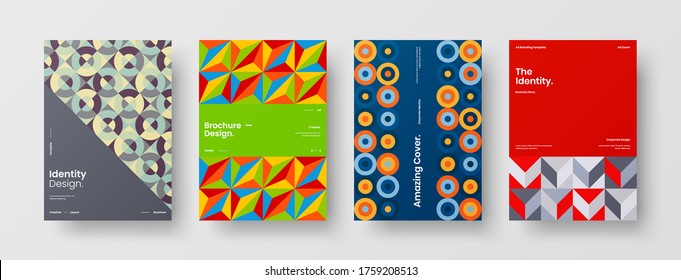 Company identity brochure template collection. Business presentation vector vertical orientation front page mock up set. Corporate report cover abstract geometric illustration design layout bundle.