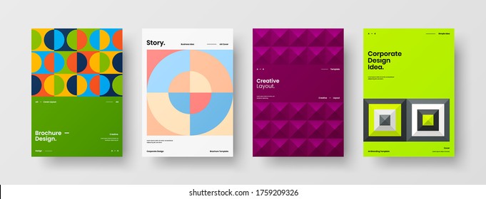 Company identity brochure template collection. Business presentation vector vertical orientation front page mock up set. Corporate report cover abstract geometric illustration design layout bundle.