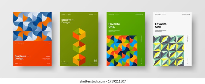 Company identity brochure template collection. Business presentation vector vertical orientation front page mock up set. Corporate report cover abstract geometric illustration design layout bundle.
