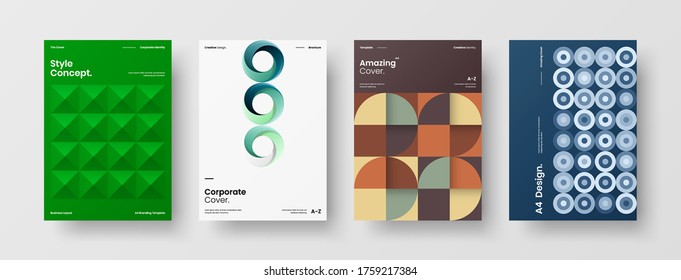 Company identity brochure template collection. Business presentation vector vertical orientation front page mock up set. Corporate report cover abstract geometric illustration design layout bundle.