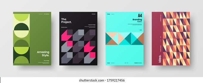 Company identity brochure template collection. Business presentation vector vertical orientation front page mock up set. Corporate report cover abstract geometric illustration design layout bundle.