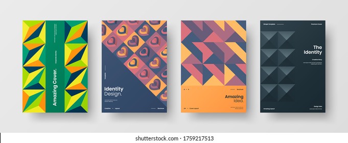 Company identity brochure template collection. Business presentation vector vertical orientation front page mock up set. Corporate report cover abstract geometric illustration design layout bundle.