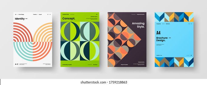 Company identity brochure template collection. Business presentation vector vertical orientation front page mock up set. Corporate report cover abstract geometric illustration design layout bundle.