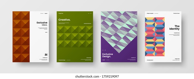 Company identity brochure template collection. Business presentation vector vertical orientation front page mock up set. Corporate report cover abstract geometric illustration design layout bundle.
