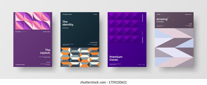Company identity brochure template collection. Business presentation vector vertical orientation front page mock up set. Corporate report cover abstract geometric illustration design layout bundle.