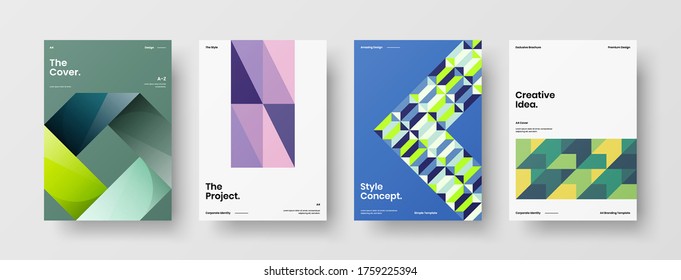 Company identity brochure template collection. Business presentation vector vertical orientation front page mock up set. Corporate report cover abstract geometric illustration design layout bundle.
