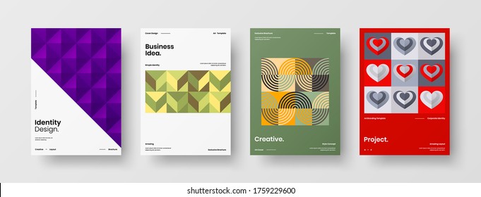 Company identity brochure template collection. Business presentation vector vertical orientation front page mock up set. Corporate report cover abstract geometric illustration design layout bundle.