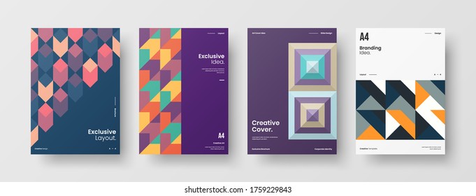 Company identity brochure template collection. Business presentation vector vertical orientation front page mock up set. Corporate report cover abstract geometric illustration design layout bundle.