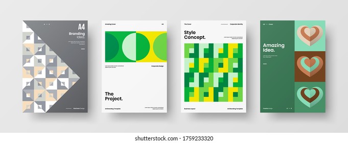 Company identity brochure template collection. Business presentation vector vertical orientation front page mock up set. Corporate report cover abstract geometric illustration design layout bundle.
