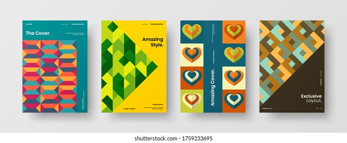 Company identity brochure template collection. Business presentation vector vertical orientation front page mock up set. Corporate report cover abstract geometric illustration design layout bundle.