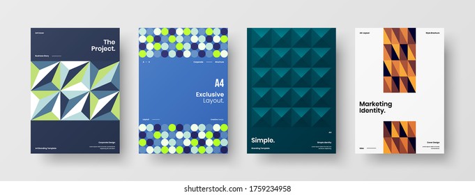 Company identity brochure template collection. Business presentation vector vertical orientation front page mock up set. Corporate report cover abstract geometric illustration design layout bundle.